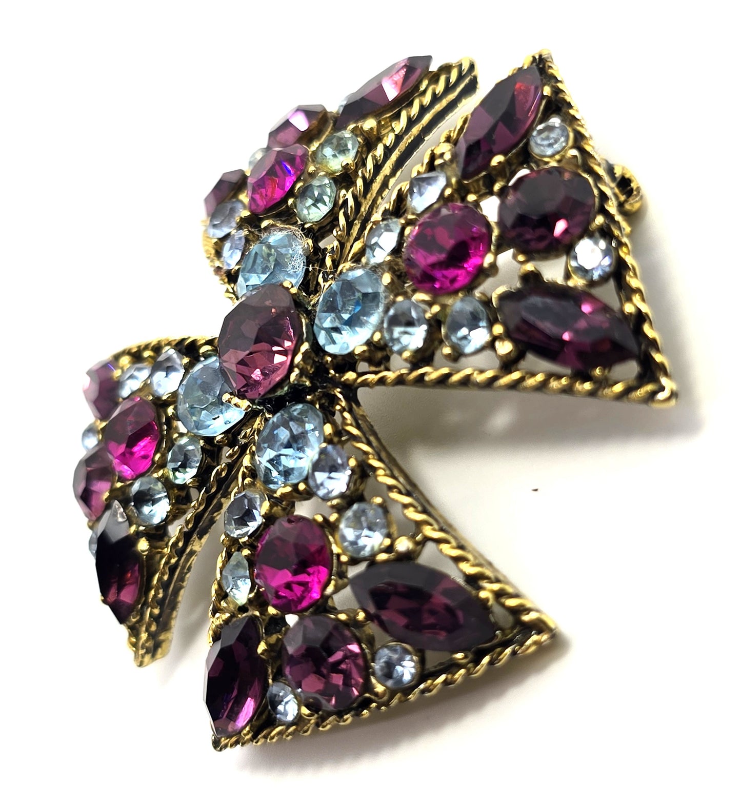 Maltese cross vintage purple blue and pink rhinestone vintage pendant brooch