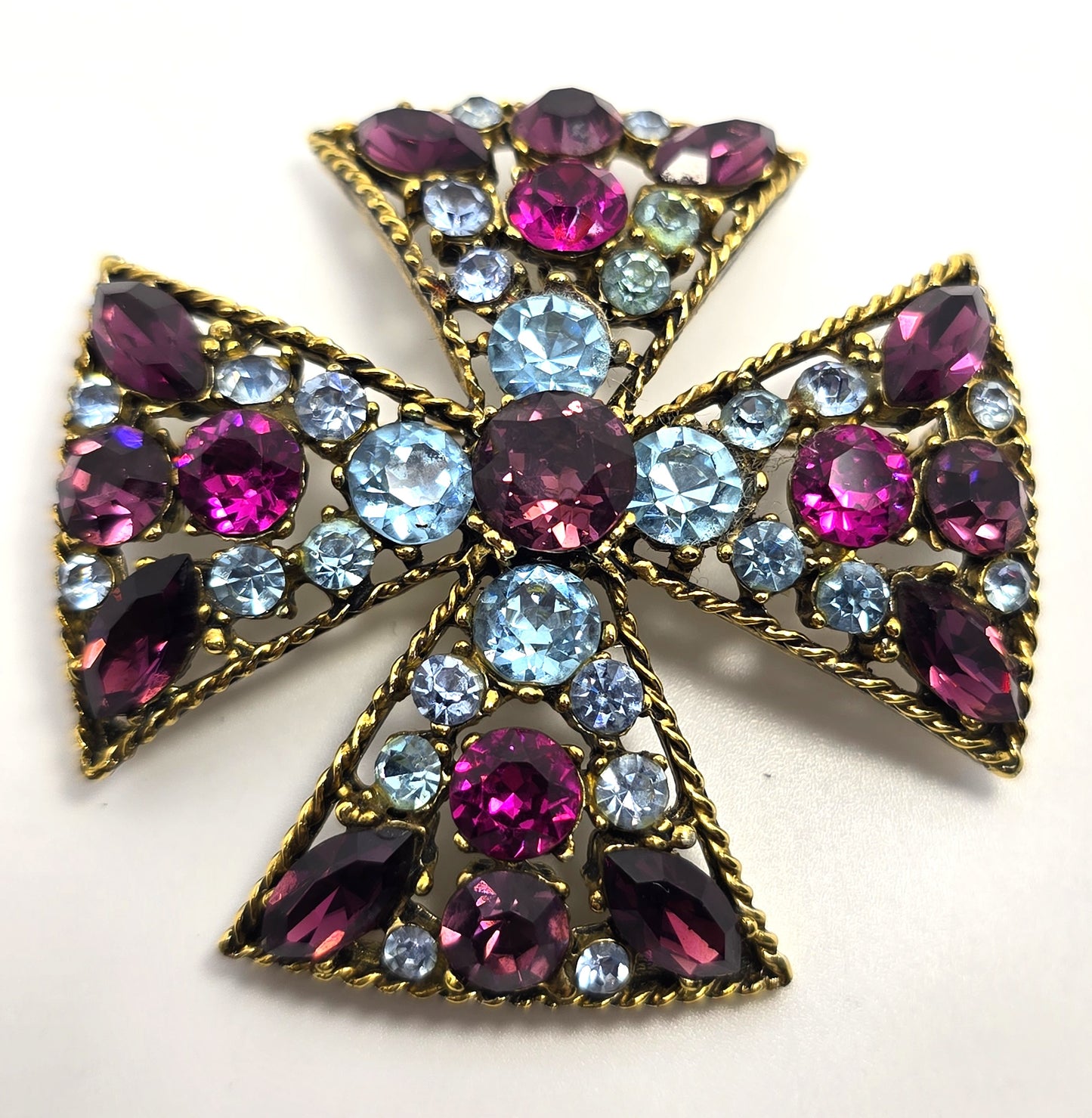 Maltese cross vintage purple blue and pink rhinestone vintage pendant brooch