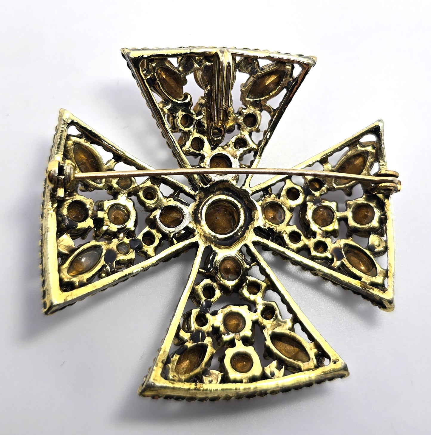 Maltese cross vintage purple blue and pink rhinestone vintage pendant brooch