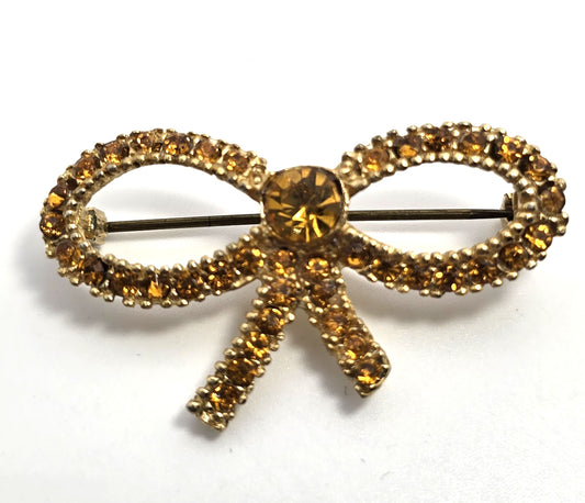 Orange Rhinestone gold toned mid century MCM vintage rhinestone bow brooch