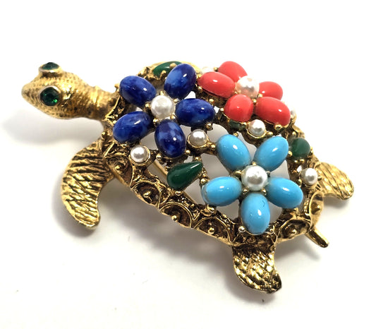 Arthur Pepper ART signed faux pearl flower gold toned vintage turtle brooch