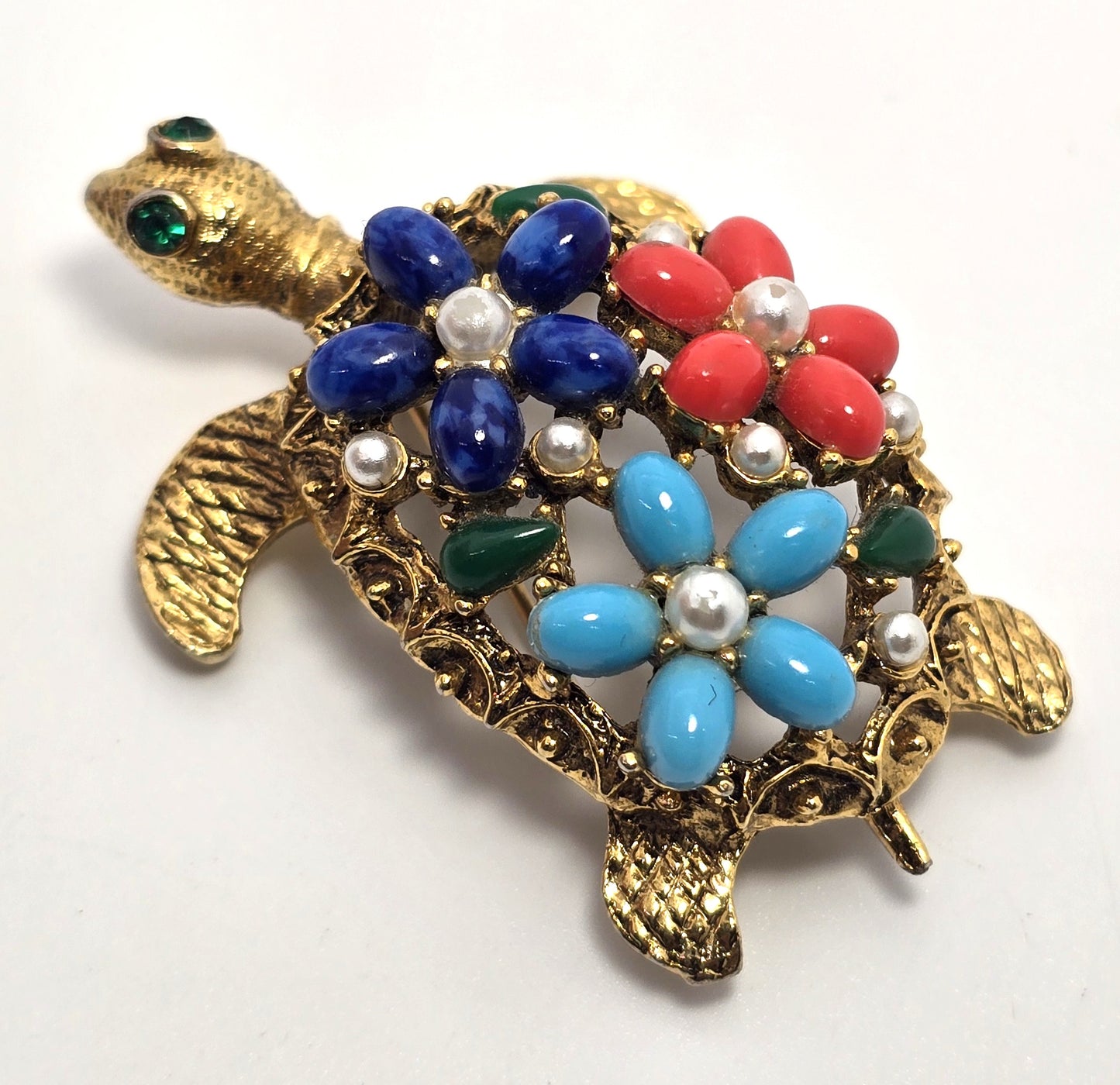 Arthur Pepper ART signed faux pearl flower gold toned vintage turtle brooch