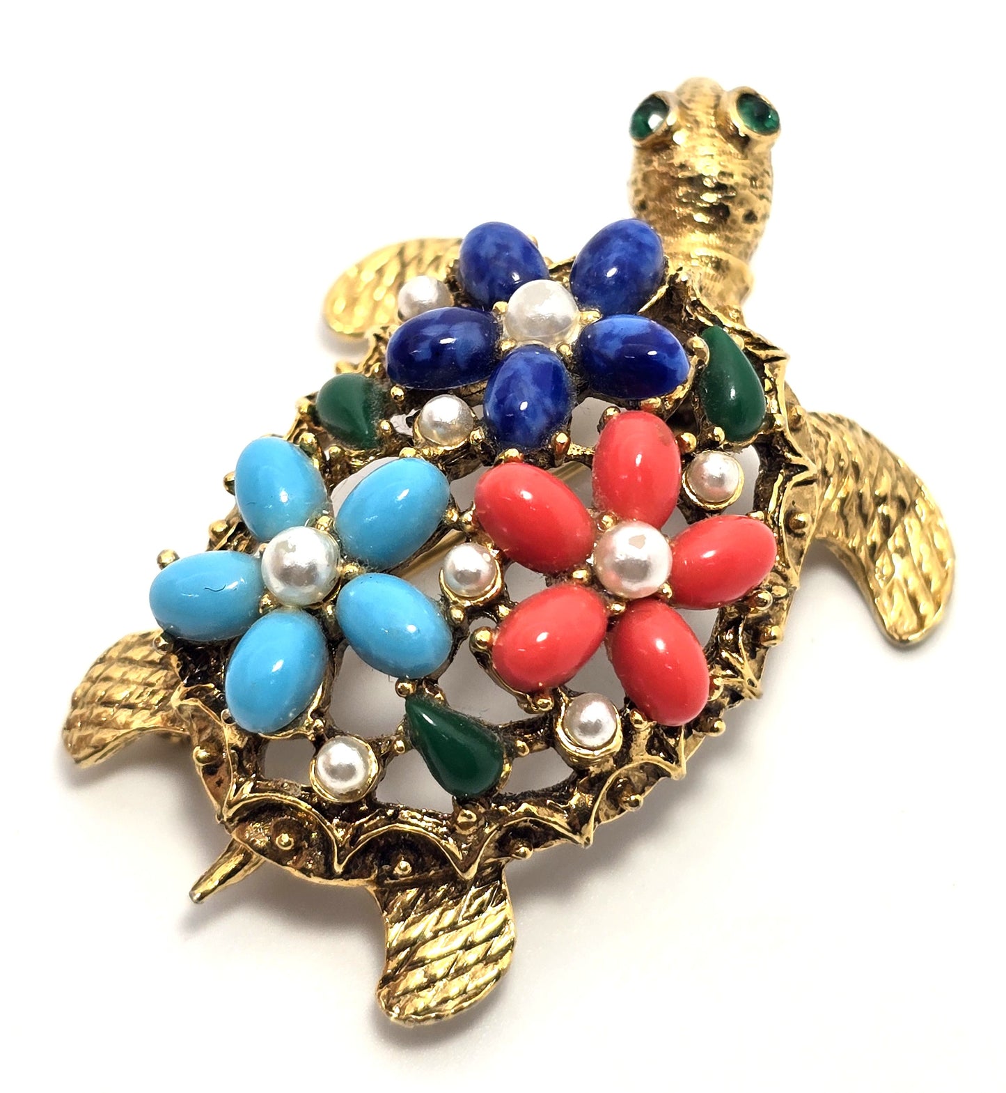 Arthur Pepper ART signed faux pearl flower gold toned vintage turtle brooch