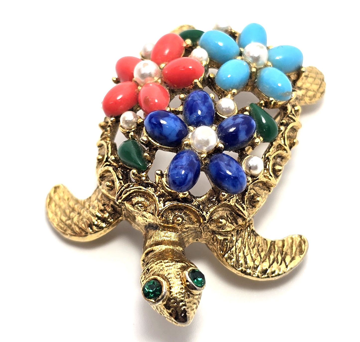 Arthur Pepper ART signed faux pearl flower gold toned vintage turtle brooch