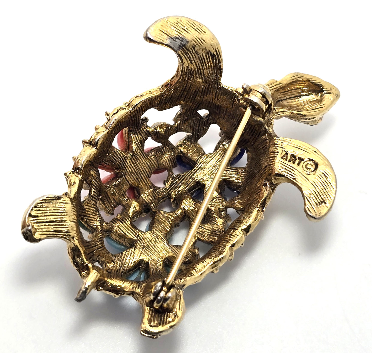 Arthur Pepper ART signed faux pearl flower gold toned vintage turtle brooch