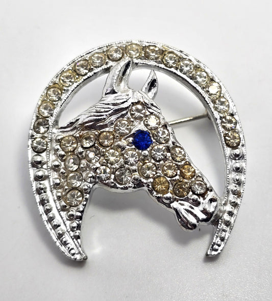 Horse Head Lucky Horseshoe Rhinestone Rhodium plated vintage Brooch