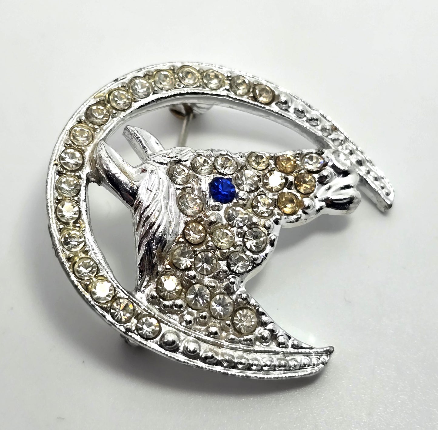 Horse Head Lucky Horseshoe Rhinestone Rhodium plated vintage Brooch