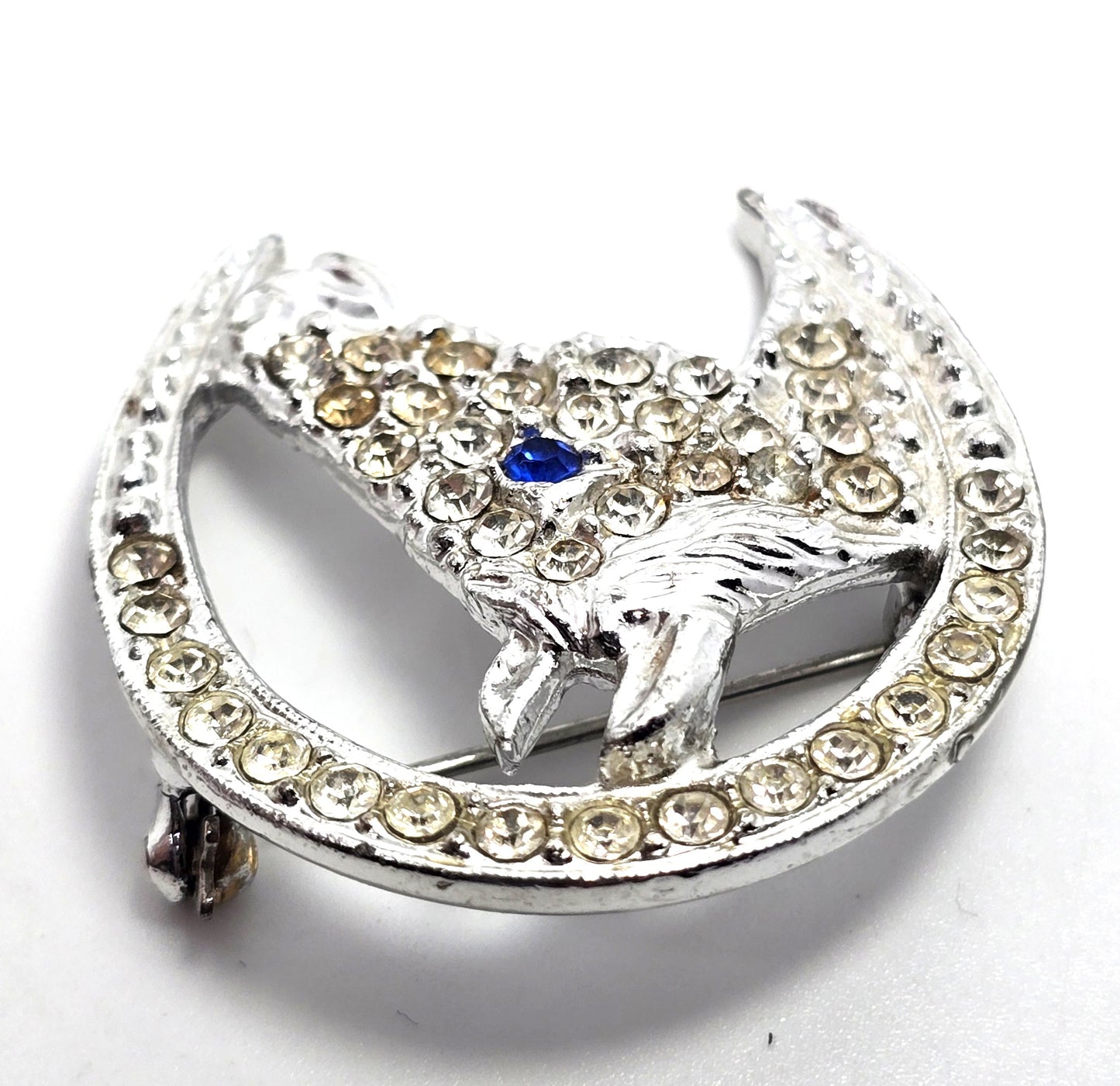 Horse Head Lucky Horseshoe Rhinestone Rhodium plated vintage Brooch