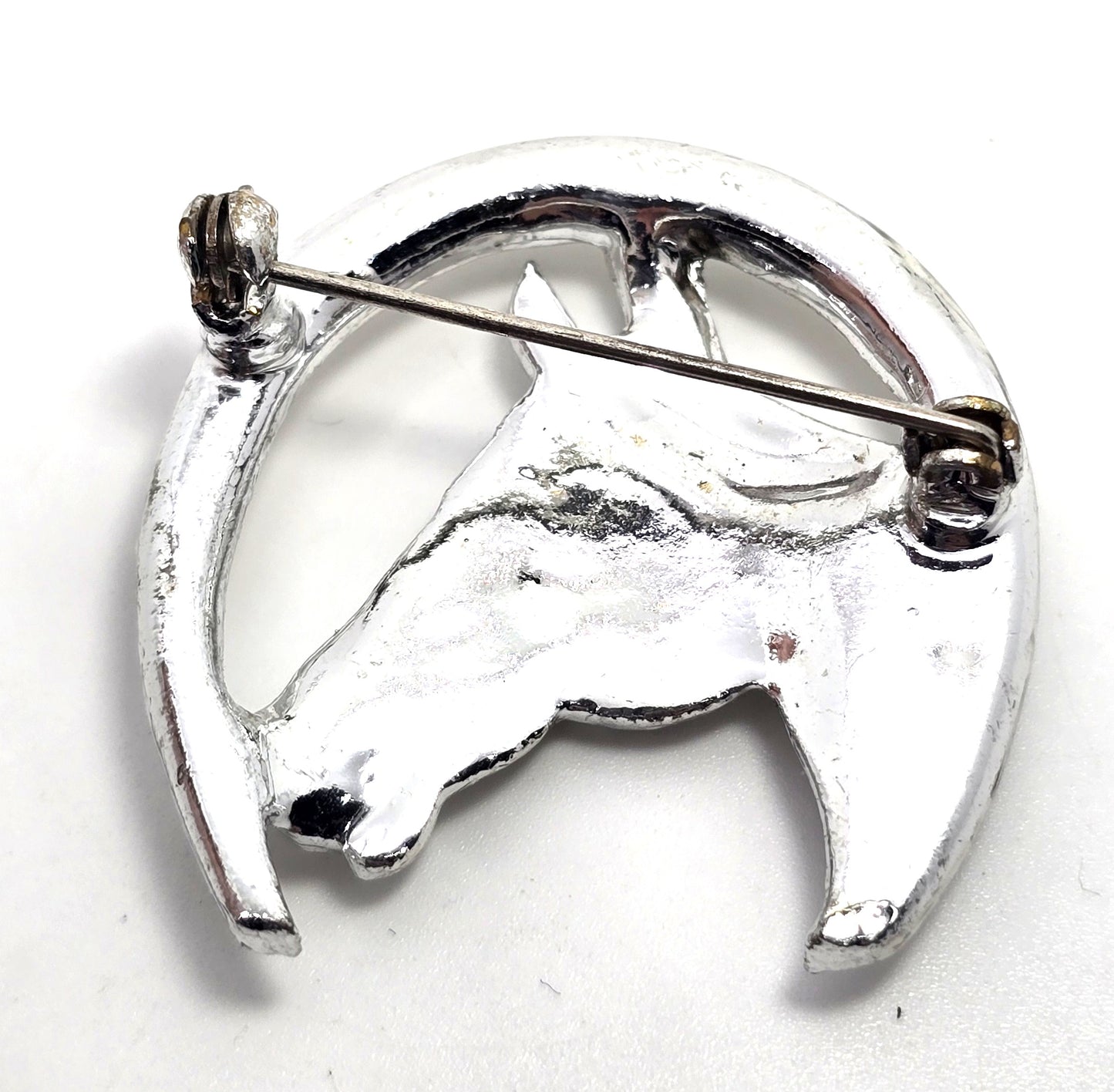 Horse Head Lucky Horseshoe Rhinestone Rhodium plated vintage Brooch