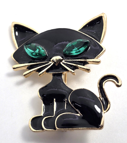Black enamel retro sassy kitty cat green rhinestone eyes vintage brooch