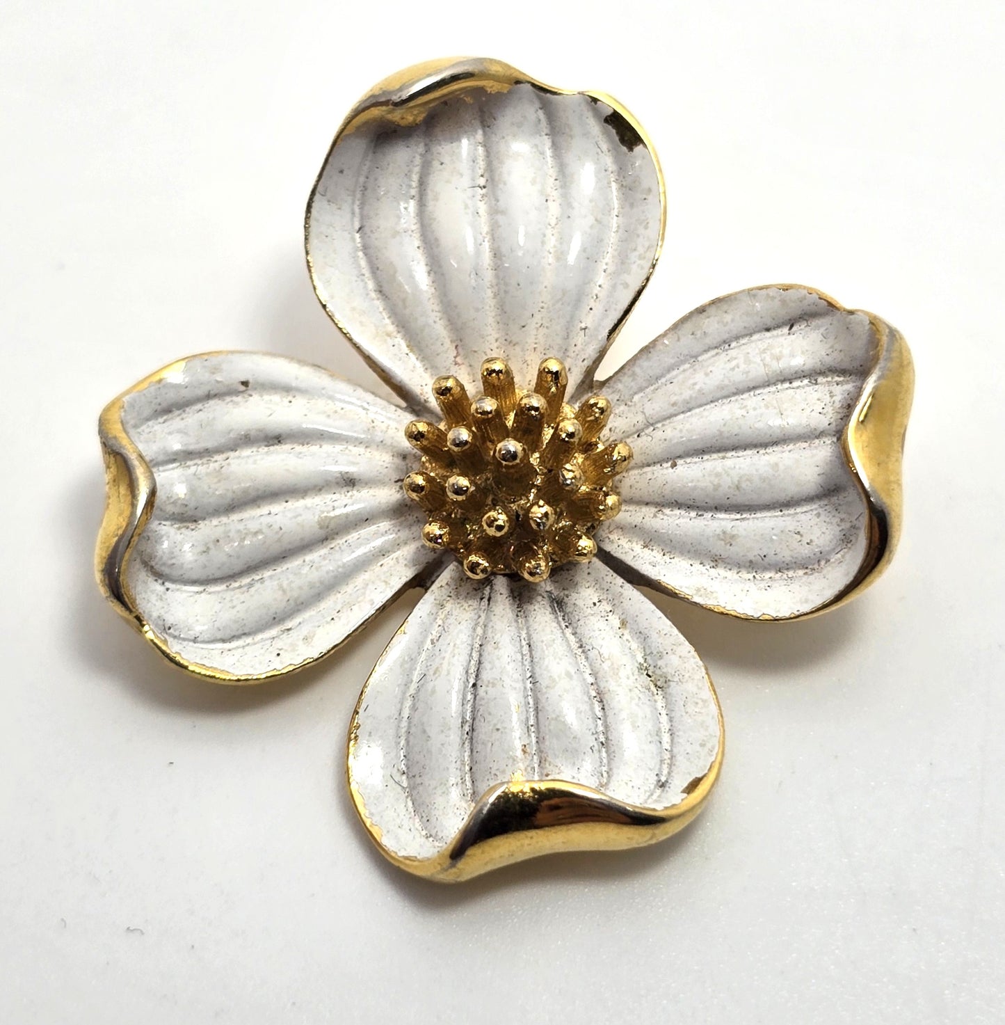 Trifari vintage brushed white Dogwood Flower gold toned signed brooch