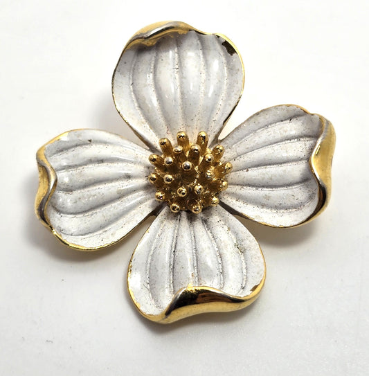 Trifari vintage brushed white Dogwood Flower gold toned signed brooch