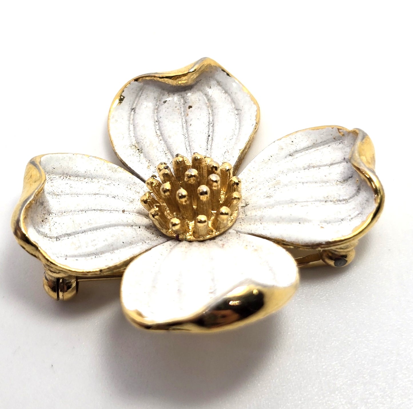 Trifari vintage brushed white Dogwood Flower gold toned signed brooch
