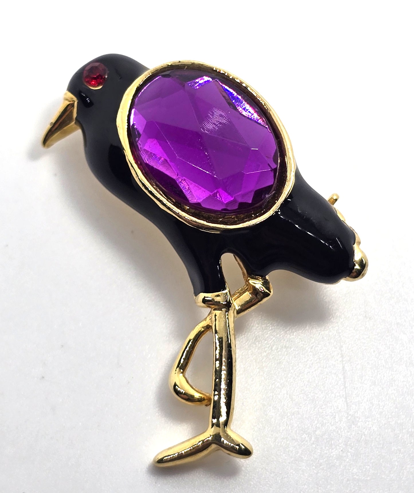 Raven familiar black enamel purple vintage rhinestone Halloween witch brooch