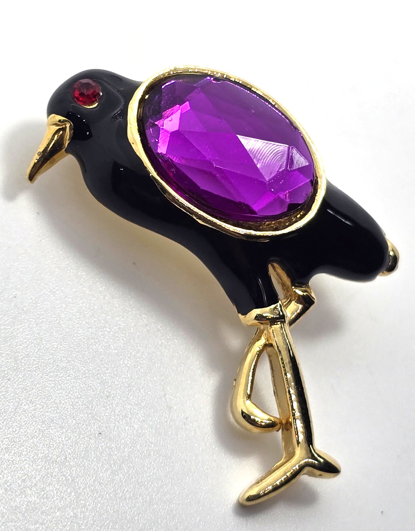 Raven familiar black enamel purple vintage rhinestone Halloween witch brooch