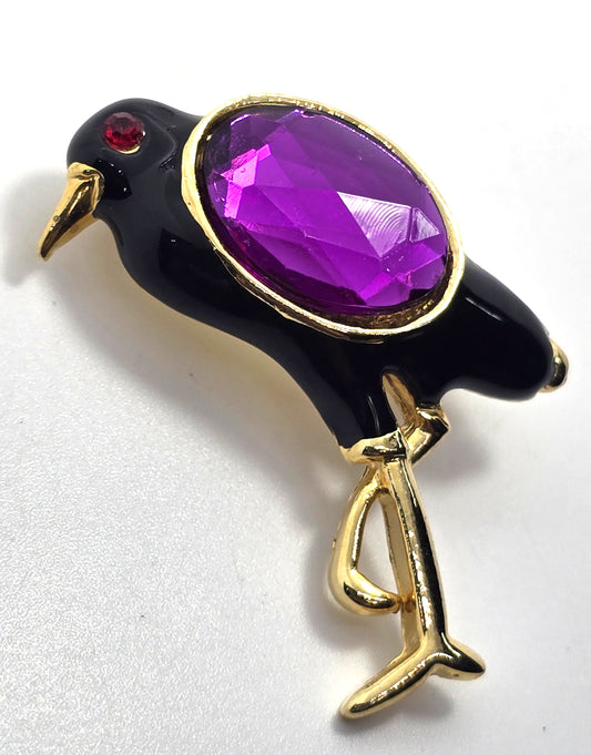 Raven familiar black enamel purple vintage rhinestone Halloween witch brooch
