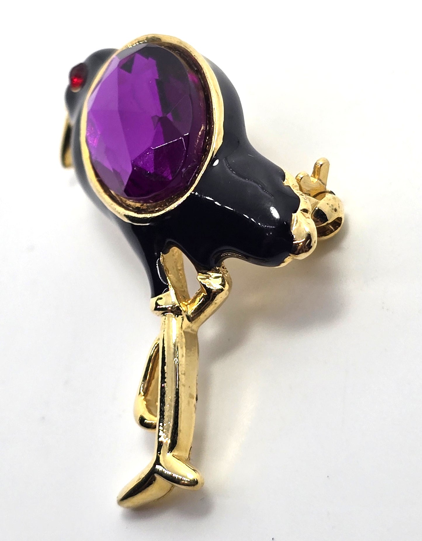 Raven familiar black enamel purple vintage rhinestone Halloween witch brooch