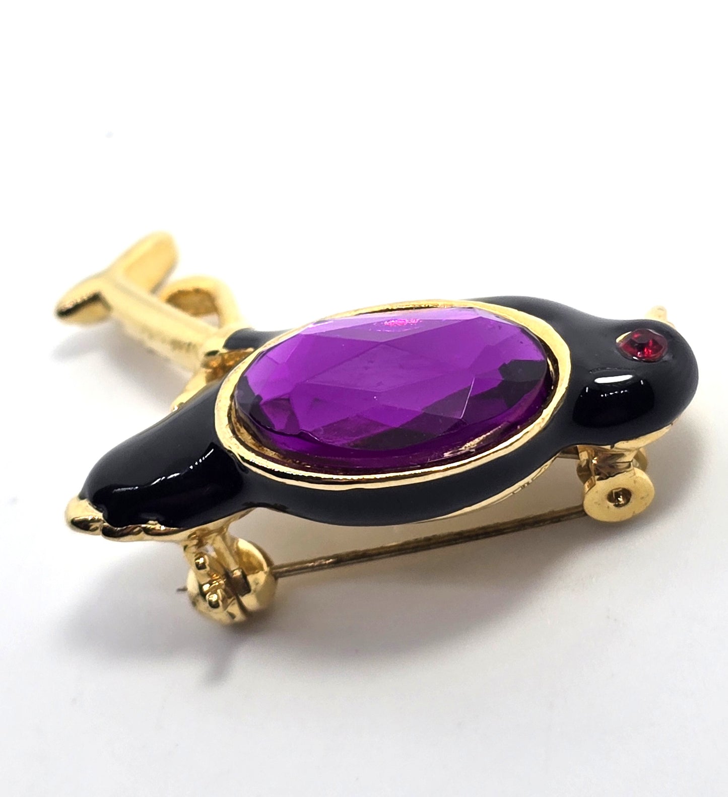 Raven familiar black enamel purple vintage rhinestone Halloween witch brooch