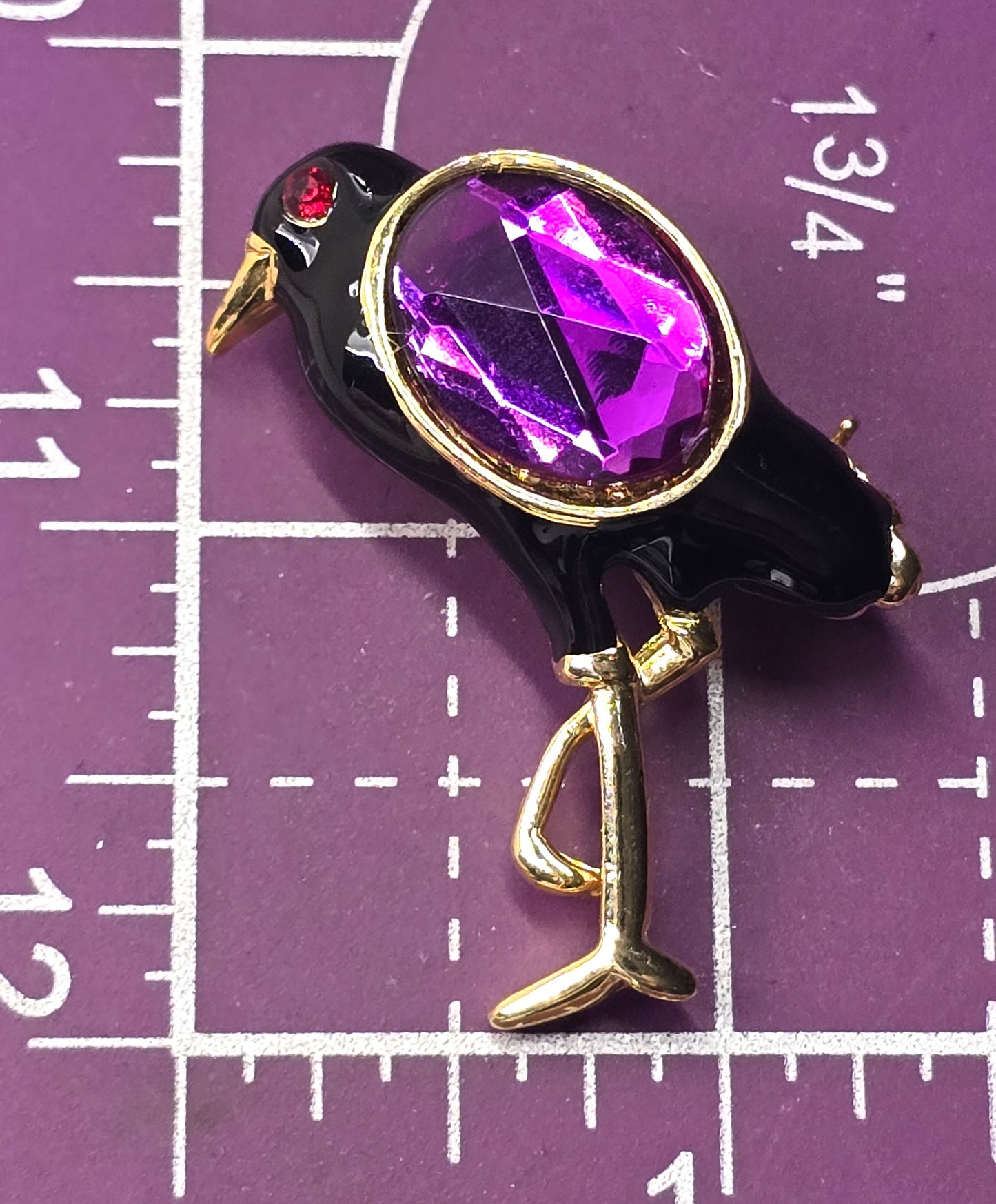 Raven familiar black enamel purple vintage rhinestone Halloween witch brooch