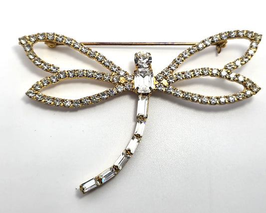 Dragonfly clear rhinestone gold toned open work 3 inch vintage brooch