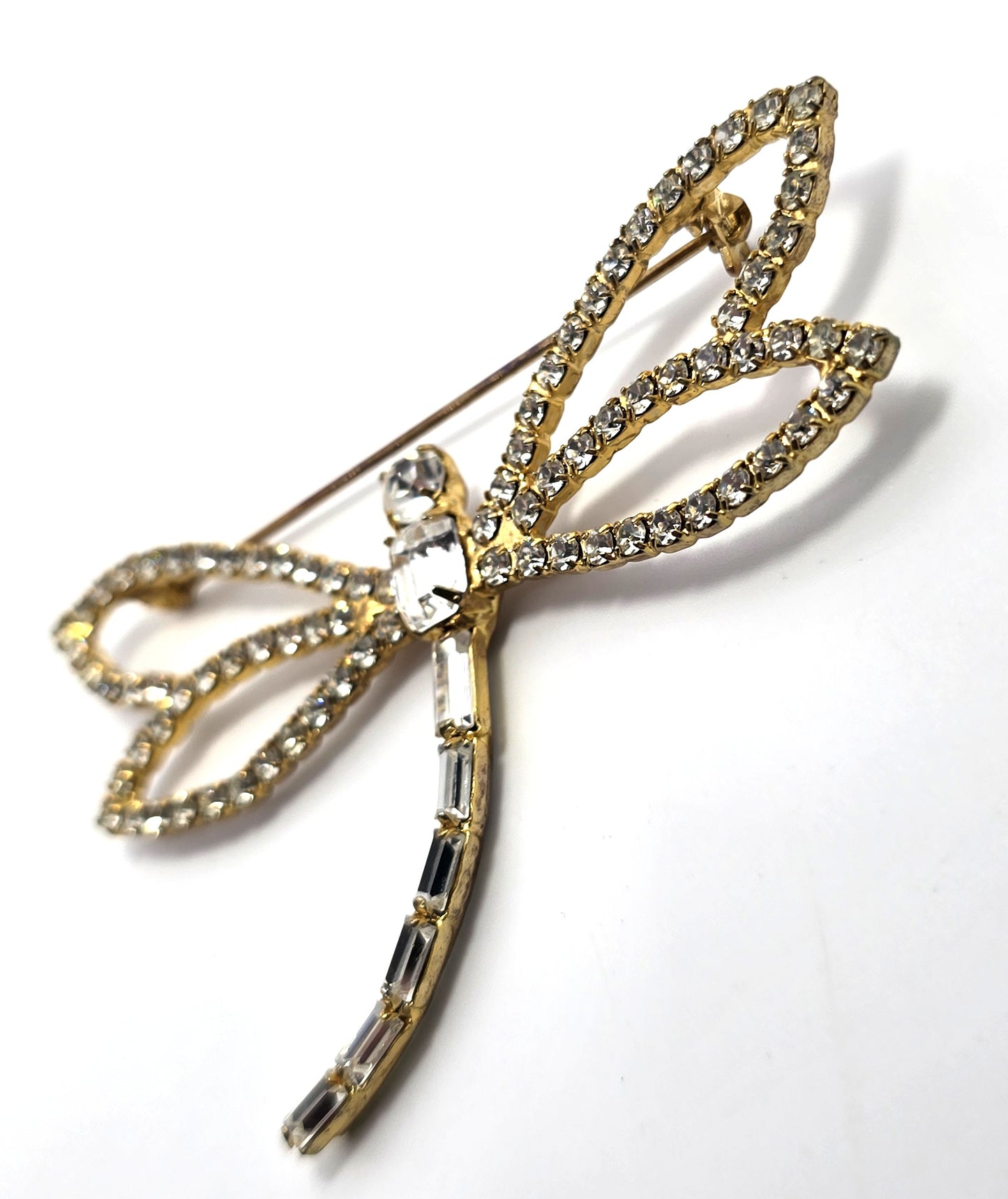 Dragonfly clear rhinestone gold toned open work 3 inch vintage brooch