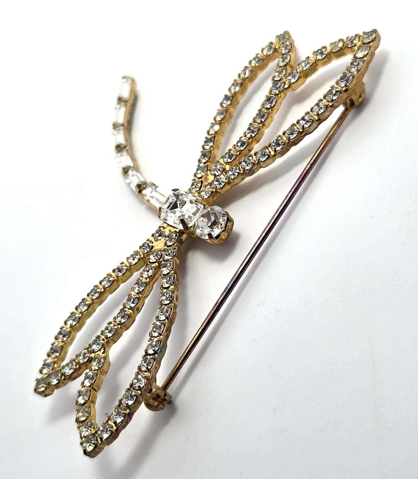 Dragonfly clear rhinestone gold toned open work 3 inch vintage brooch
