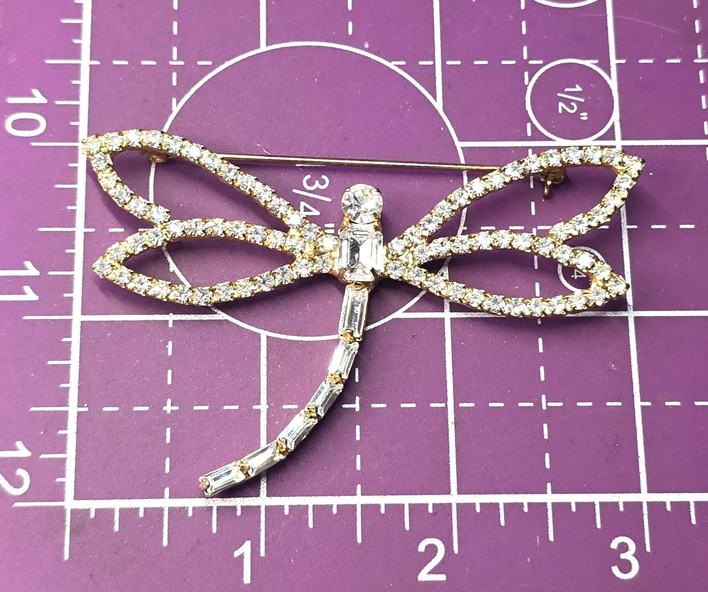 Dragonfly clear rhinestone gold toned open work 3 inch vintage brooch