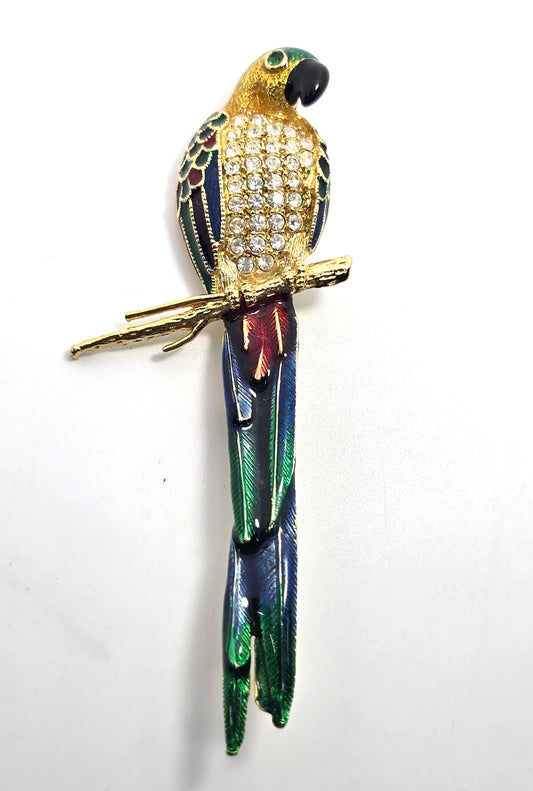 McCaw Parrot Clear rhinestone vintage Enamel gold toned brooch