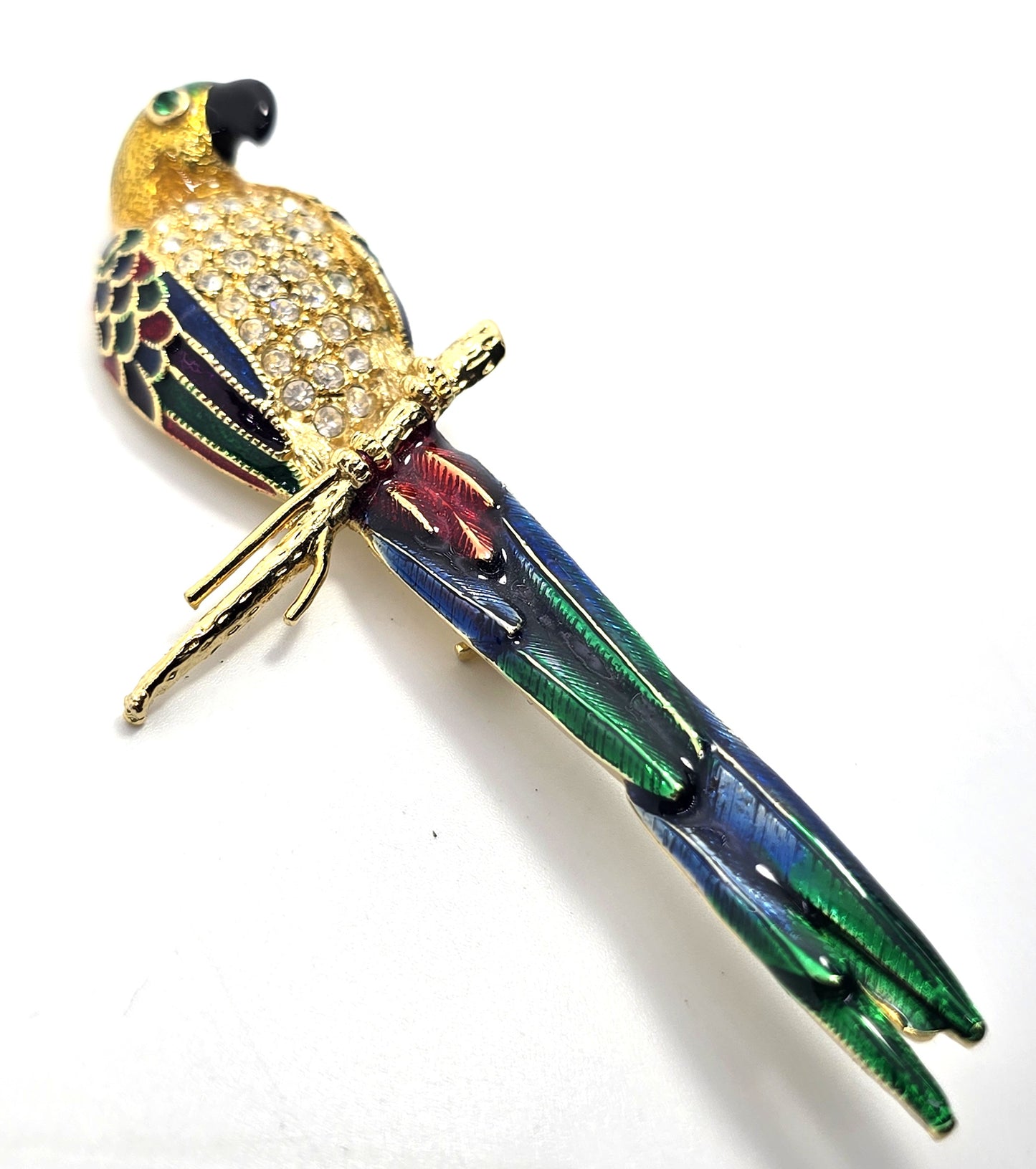 McCaw Parrot Clear rhinestone vintage Enamel gold toned brooch