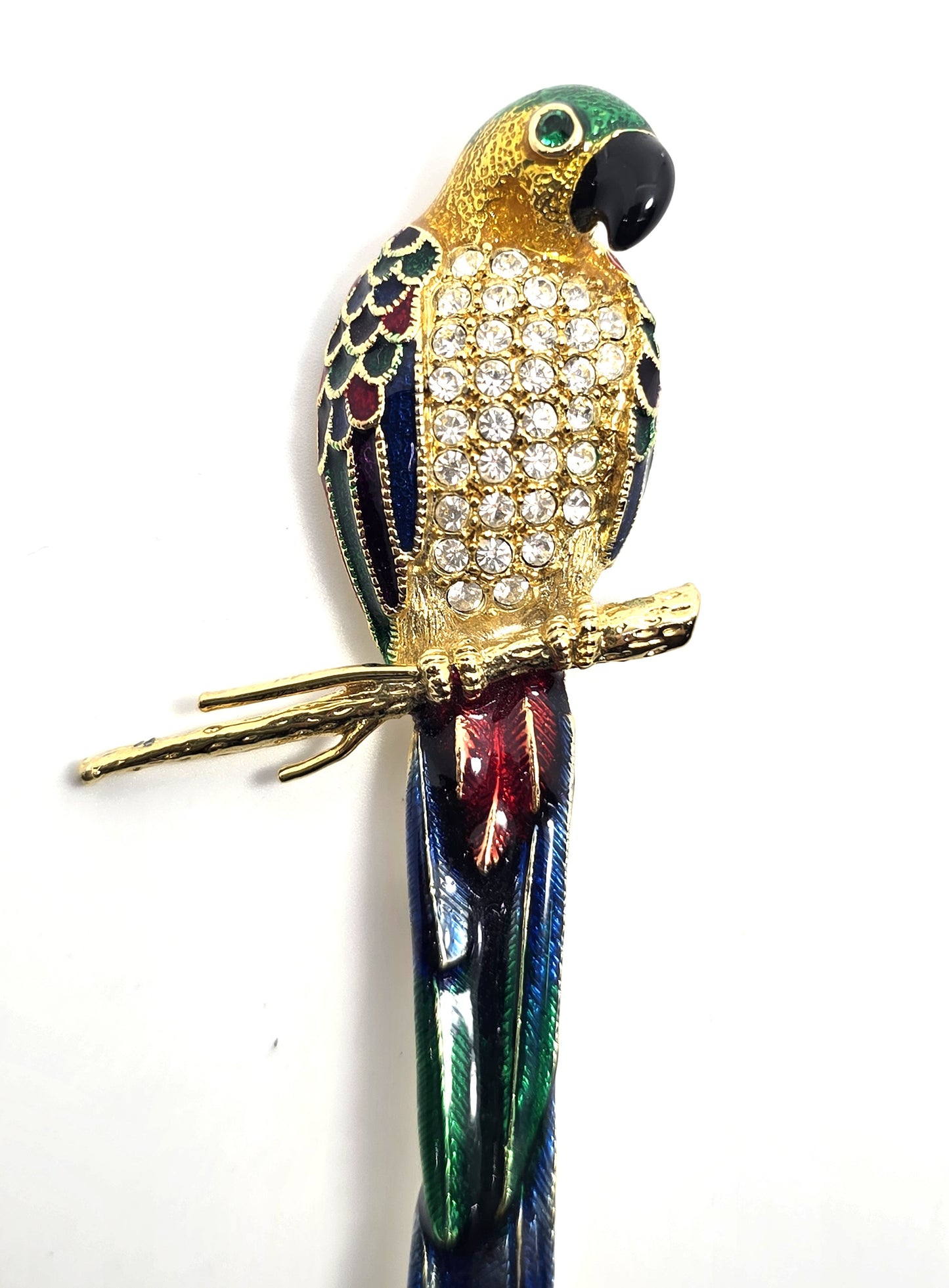 McCaw Parrot Clear rhinestone vintage Enamel gold toned brooch