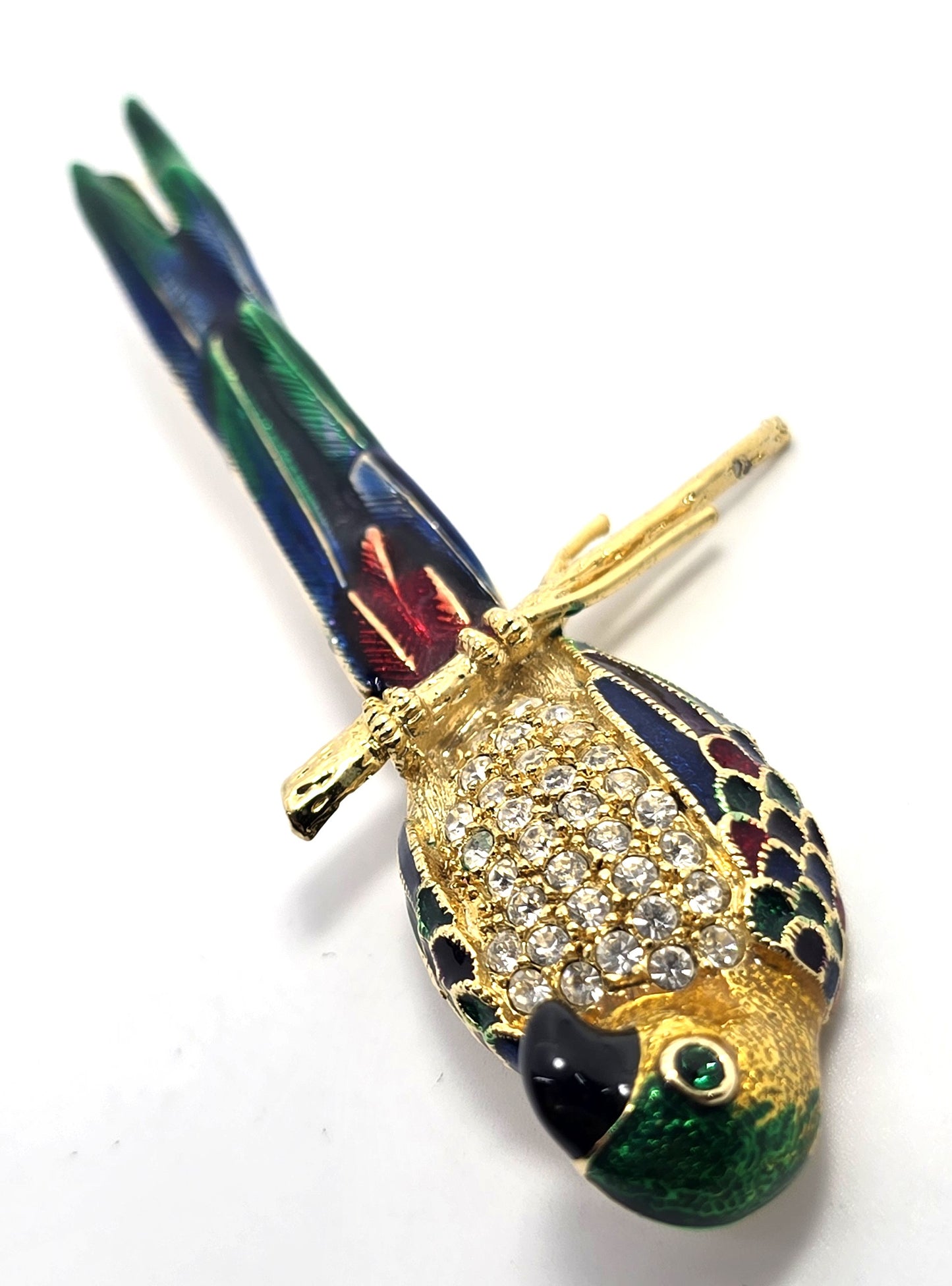 McCaw Parrot Clear rhinestone vintage Enamel gold toned brooch