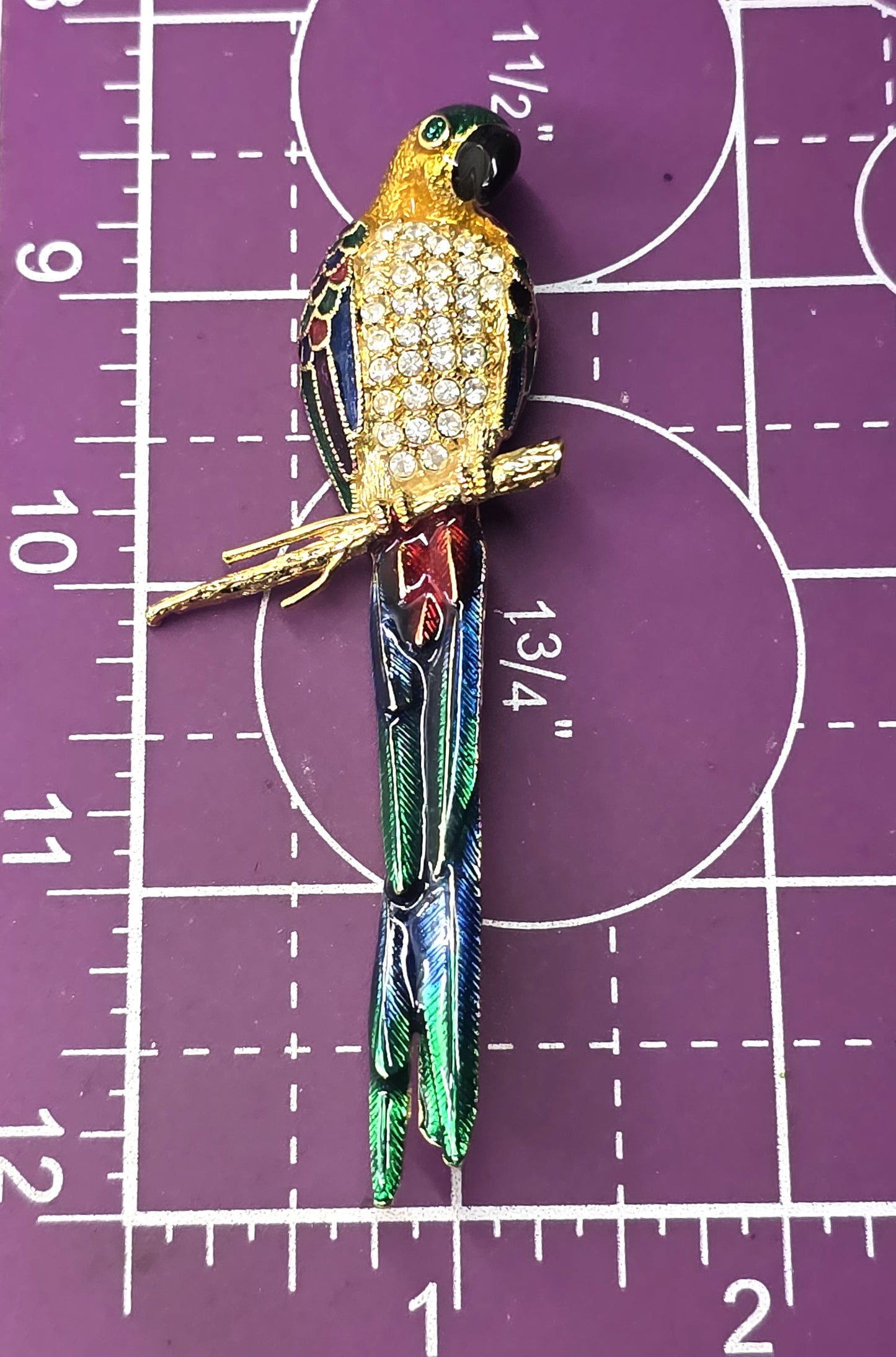 McCaw Parrot Clear rhinestone vintage Enamel gold toned brooch
