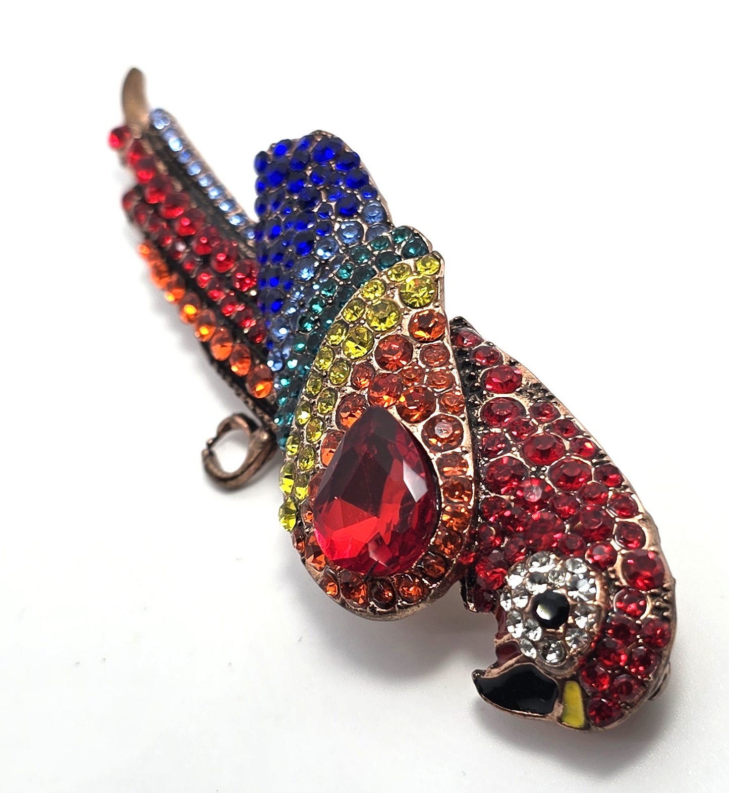 McCaw Parrot red rainbow rhinestone Enamel figural bird brooch