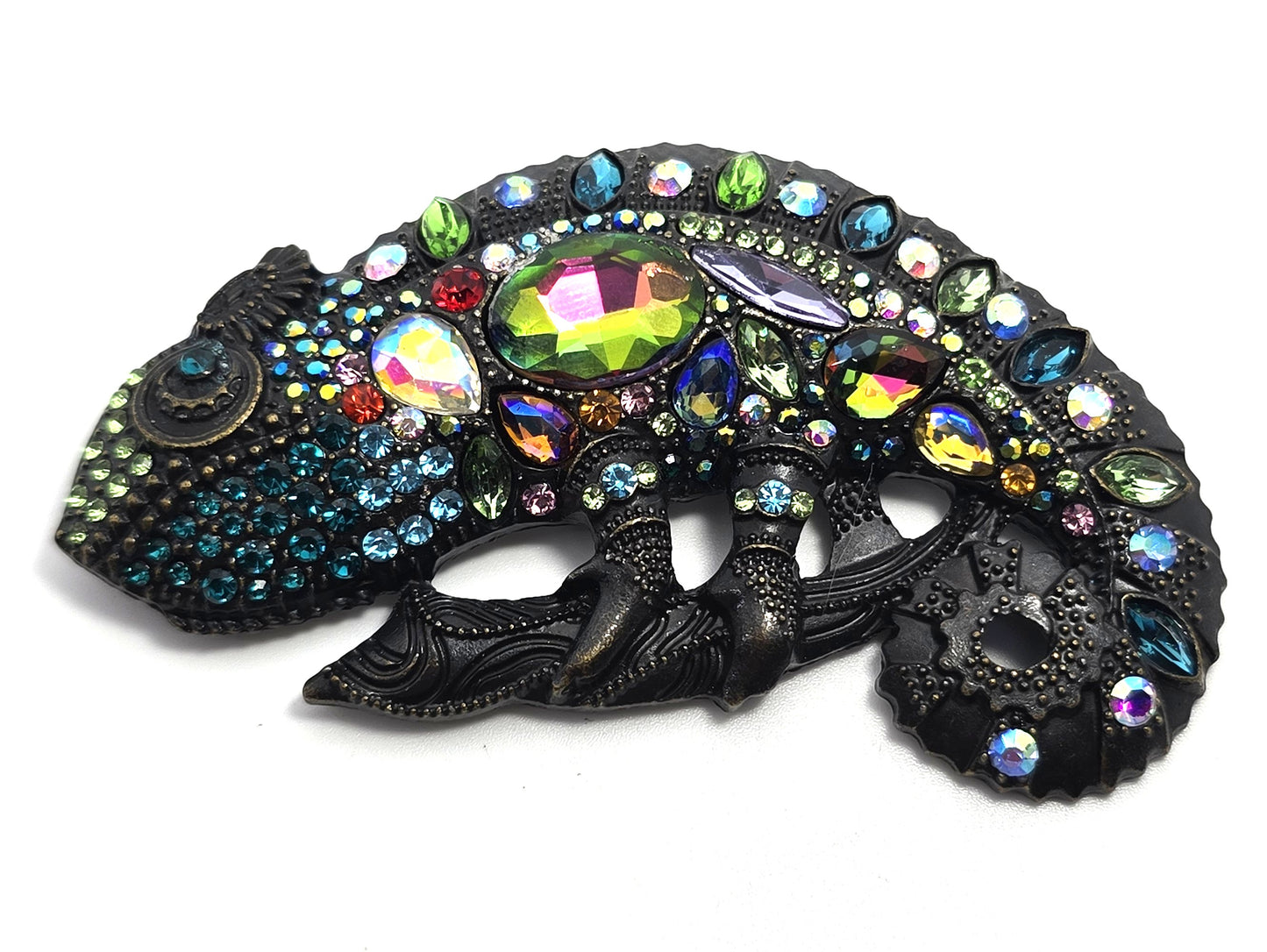 Chameleon Lizard 3 inch rainbow rhinestone dark toned metal figural brooch