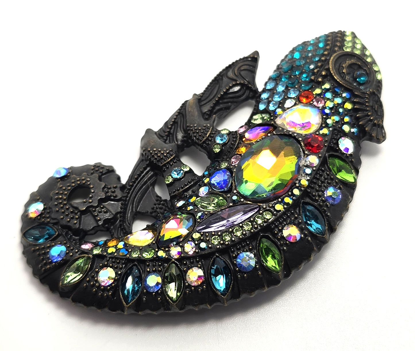 Chameleon Lizard 3 inch rainbow rhinestone dark toned metal figural brooch