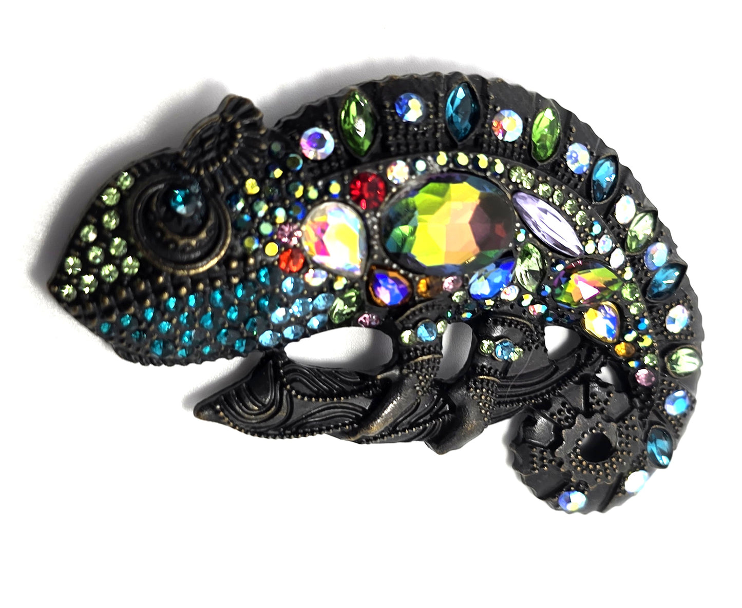 Chameleon Lizard 3 inch rainbow rhinestone dark toned metal figural brooch