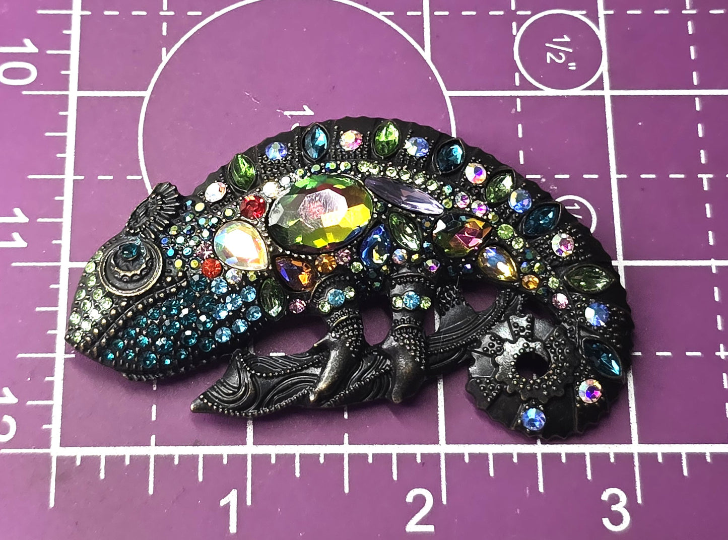 Chameleon Lizard 3 inch rainbow rhinestone dark toned metal figural brooch