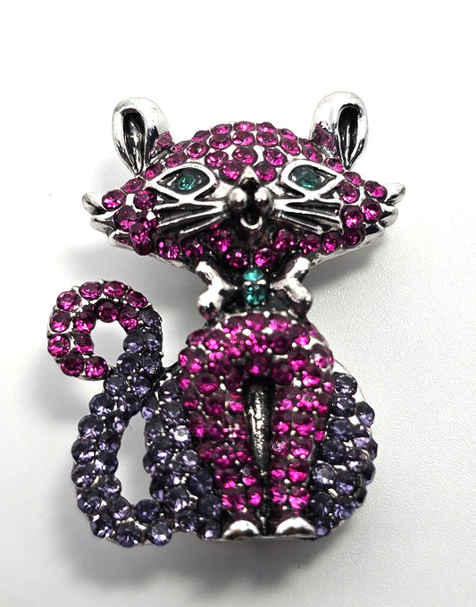 Pink Purple Crystal Rhinestone bow tie green eyed Kitten Cat Brooch Pin