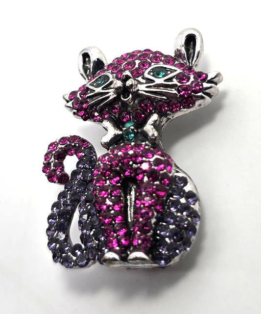Pink Purple Crystal Rhinestone bow tie green eyed Kitten Cat Brooch Pin