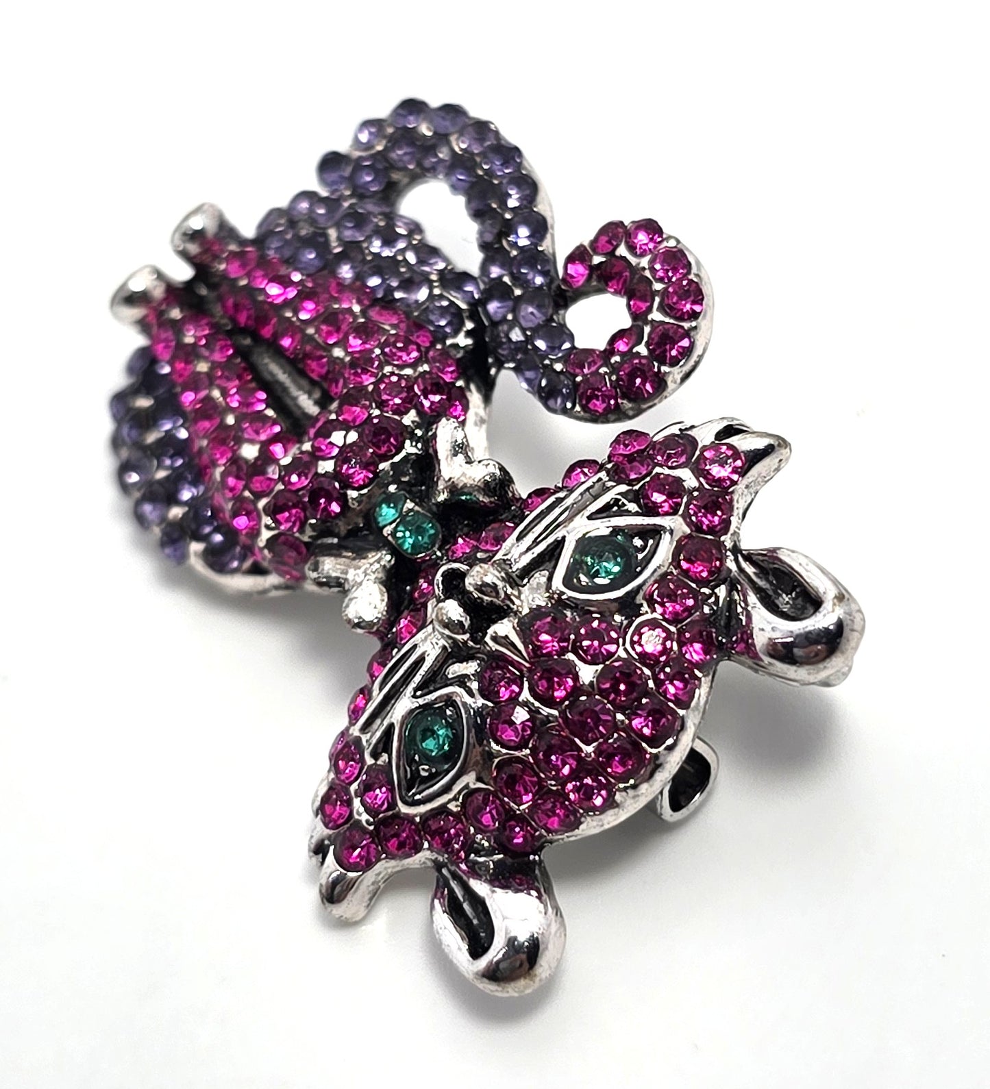 Pink Purple Crystal Rhinestone bow tie green eyed Kitten Cat Brooch Pin