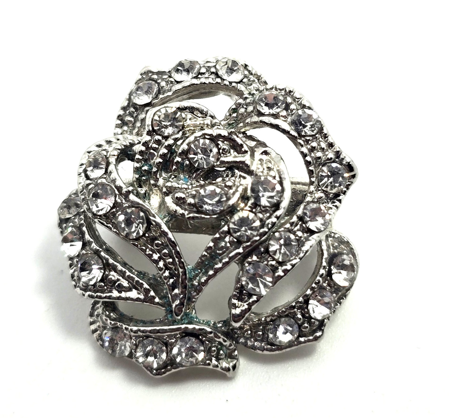 Clear rhinestone Rose vintage flower retro silver toned brooch