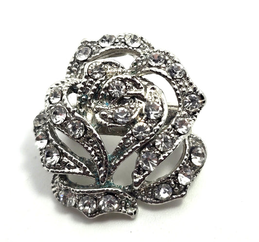 Clear rhinestone Rose vintage flower retro silver toned brooch