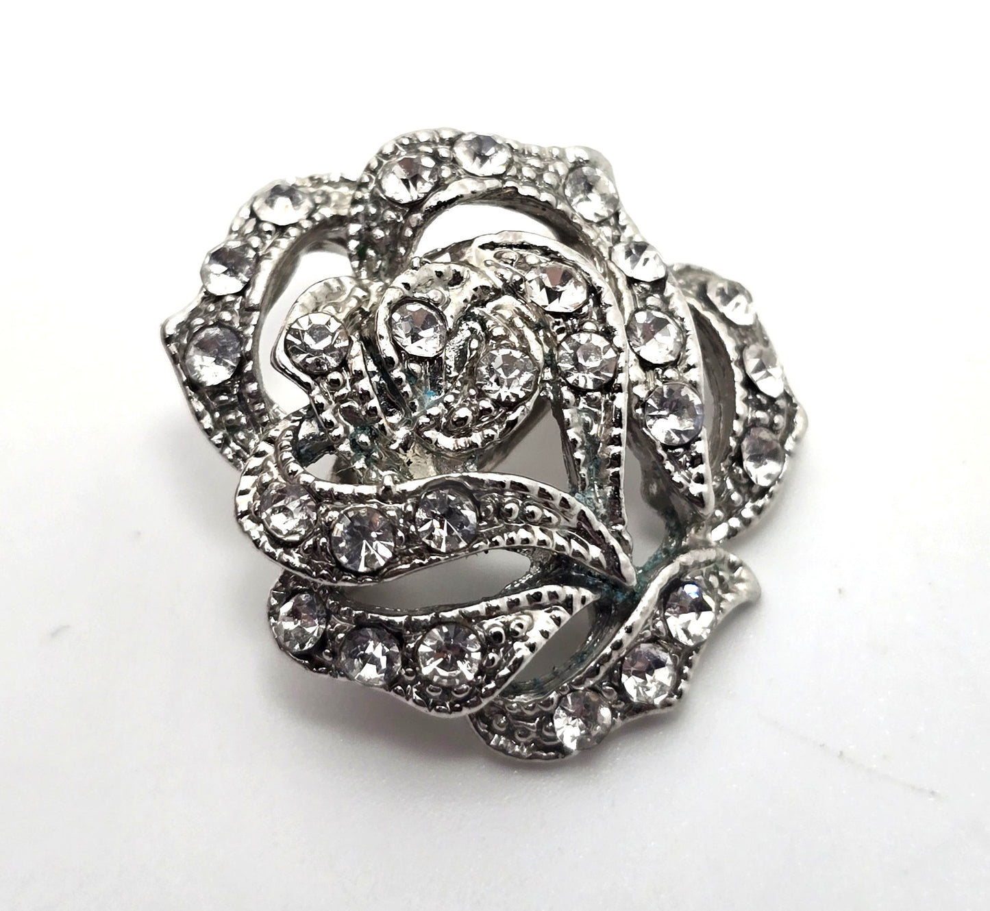 Clear rhinestone Rose vintage flower retro silver toned brooch