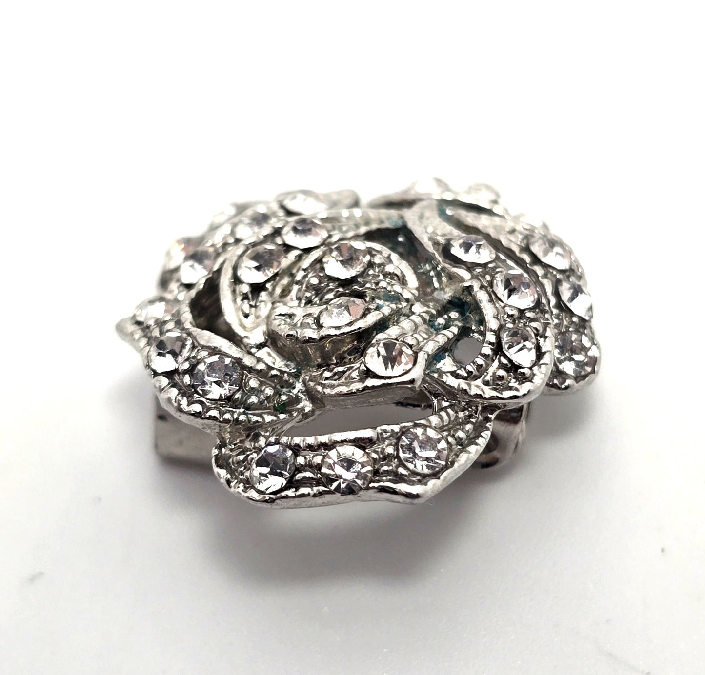 Clear rhinestone Rose vintage flower retro silver toned brooch