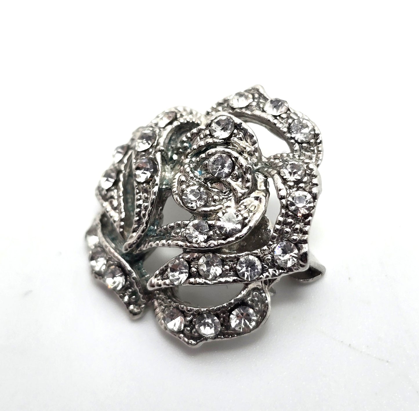 Clear rhinestone Rose vintage flower retro silver toned brooch