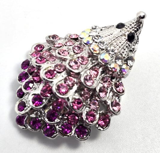 SL Pink rhinestone curious hedgehog figural silver toned brooch