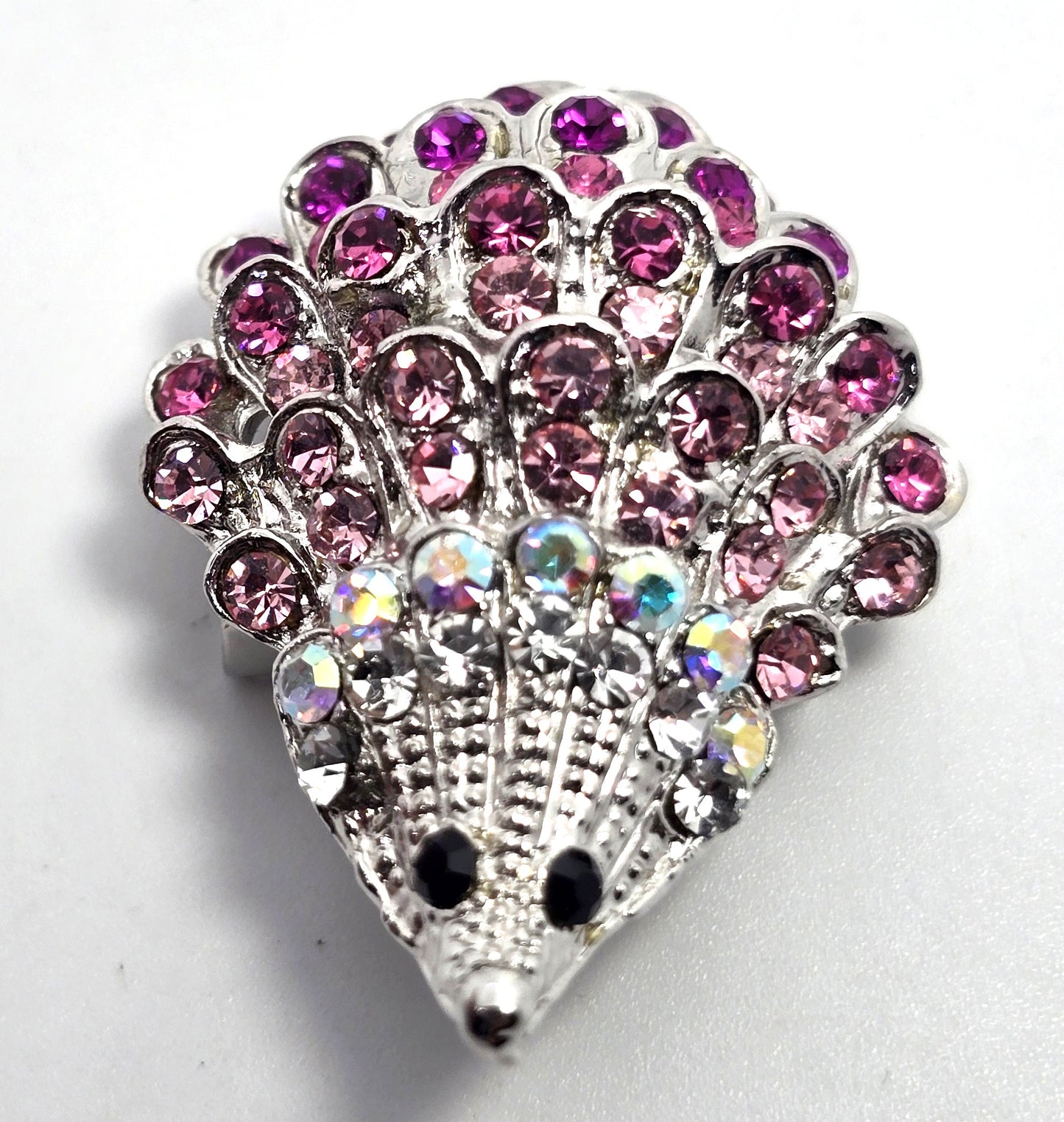 SL Pink rhinestone curious hedgehog figural silver toned brooch