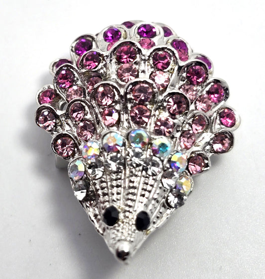 SL Pink rhinestone curious hedgehog figural silver toned brooch