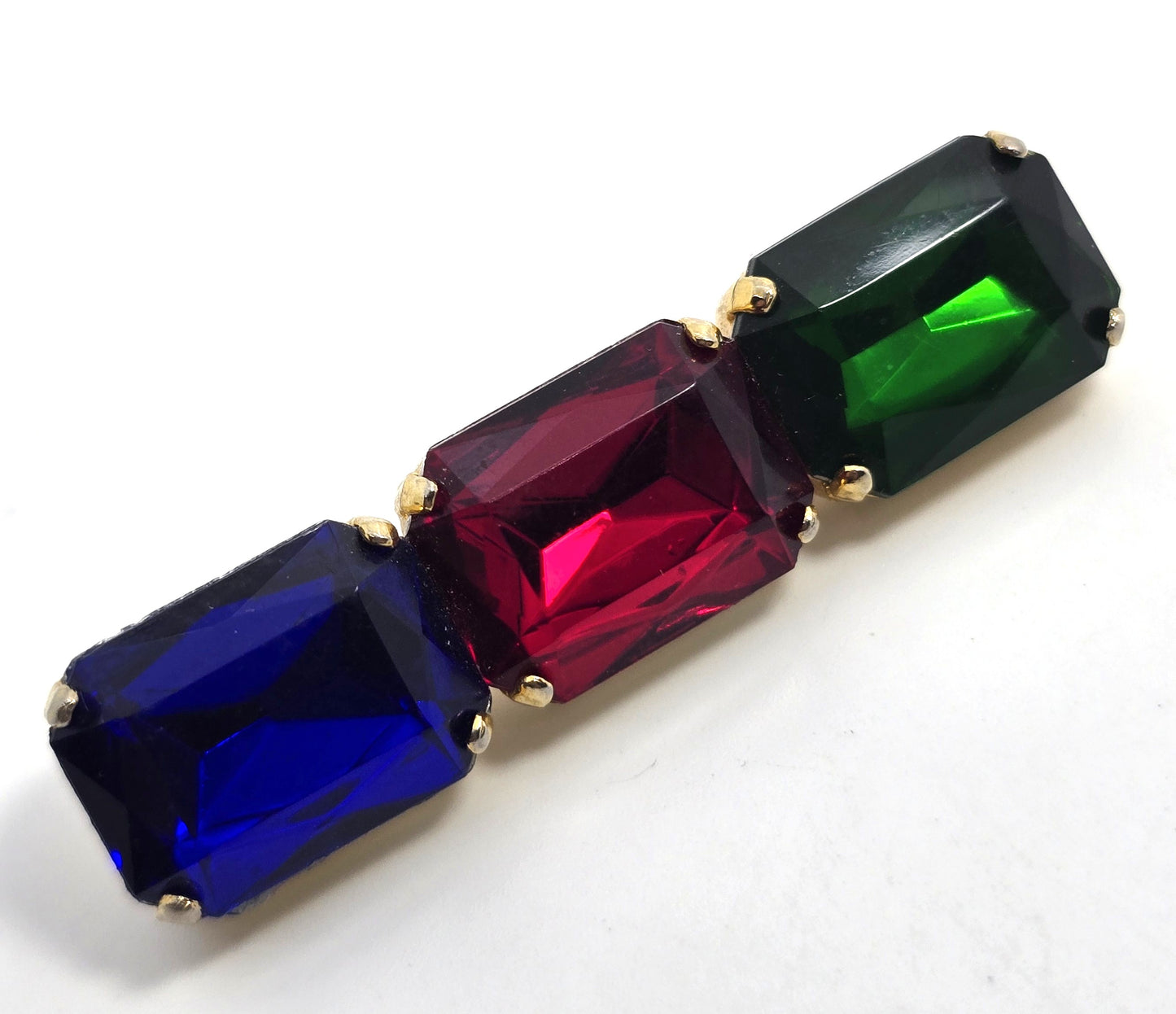 Blue Red Green Gold Tone Emerald cut three stone rhinestone Brooch Pin