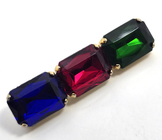 Blue Red Green Gold Tone Emerald cut three stone rhinestone Brooch Pin